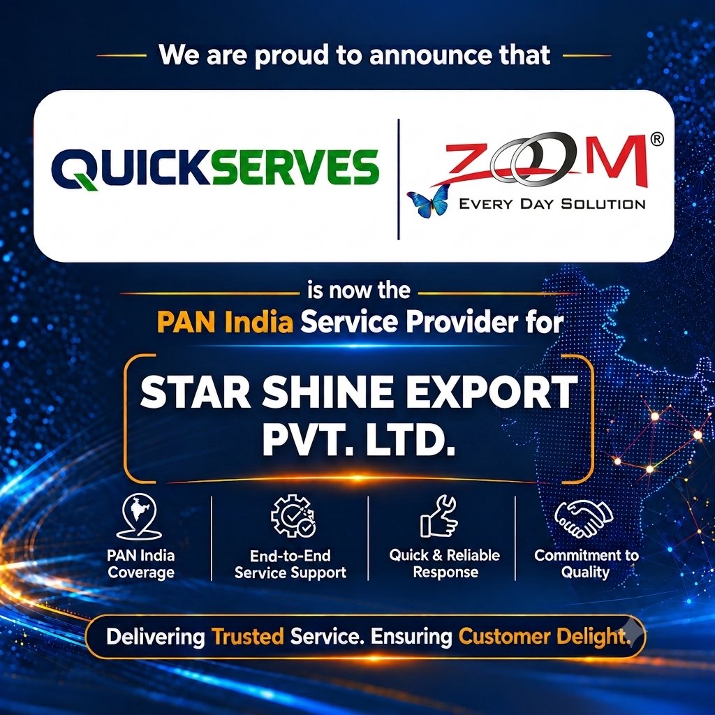 quickserveserv1's tweet photo. 📢 We are proud to announce! 📢

@Quickserves is now the official PAN India Service Provider for ZOOM (Star Shine Export Pvt. Ltd.)! 🇮🇳✨
Delivering trusted service, end-to-end support, and customer delight across the nation. 🤝🔧
#Quickserves #ZoomEverydaySolution #StarShine https://t.co/8qGggL7PV1