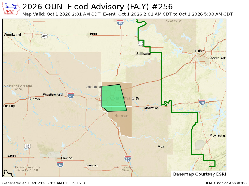OUWEATHERBOT's tweet photo. OUN issues Flood Advisory for Cleveland, Oklahoma [OK] till Oct 1, 5:00 AM CDT https://t.co/cOisz5pTJT https://t.co/SiHzwe6li2