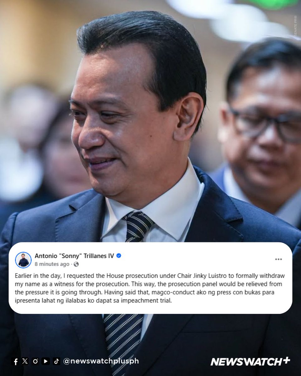 newswatchplusph's tweet photo. TRILLANES: I ASKED PROSECUTION TO DROP ME AS WITNESS

UPDATE: Former Sen. Sonny Trillanes says he asked the House prosecution panel to formally withdraw him as a witness in the impeachment trial of Vice President Sara Duterte, saying this would relieve the panel of the pressure it was facing.

Trillanes said he will hold a press conference on Friday, Oct. 2, to present the information and evidence he had intended to raise during the impeachment trial. | @SophiaSSioco