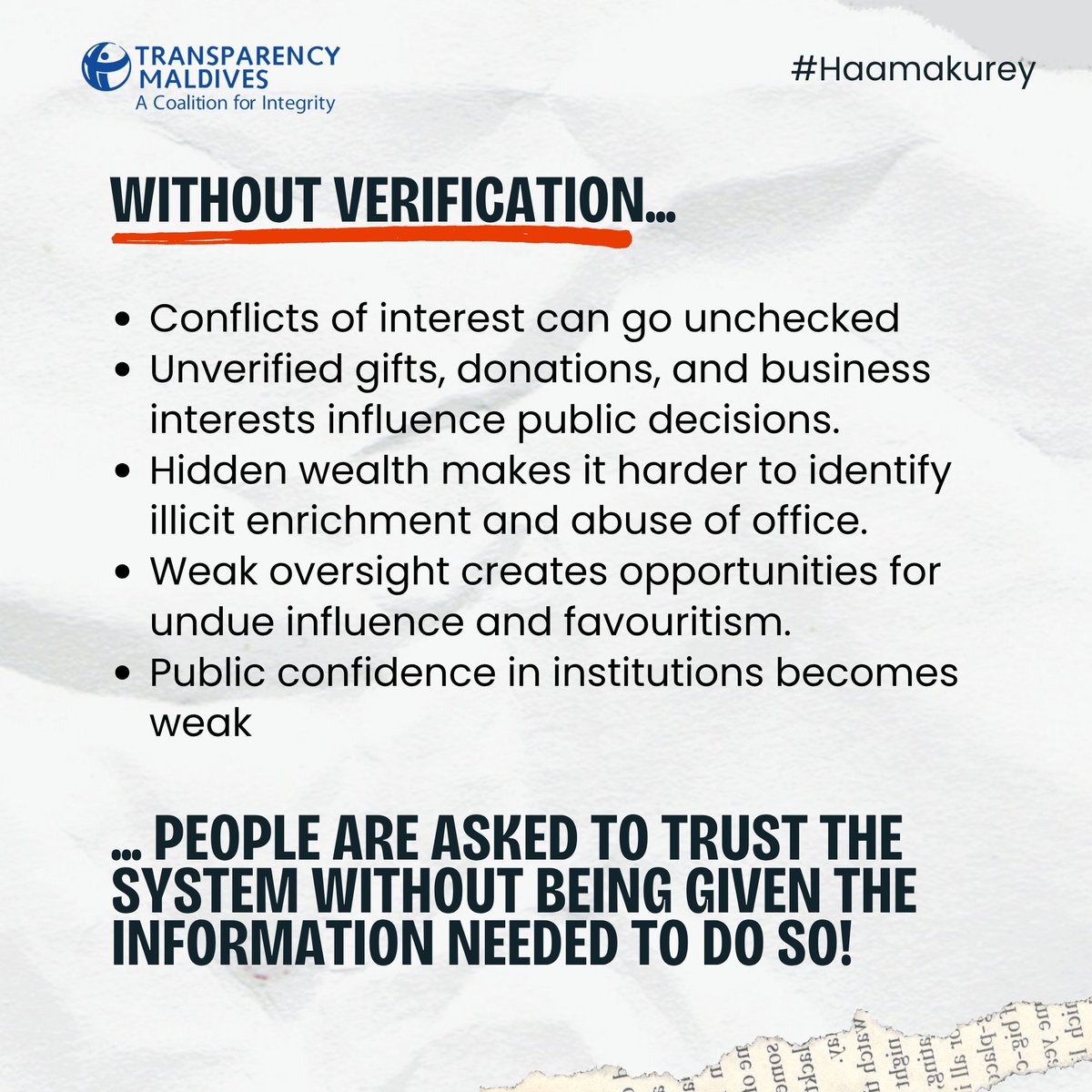 TransparencyMV's tweet photo. The current asset declaration system allows conflicts of interest to go unchecked and unverified business interests influence public decisions. 

The weak oversight creates opportunities for undue influence &amp; favouritism, and ultimately, those complicit are not held accountable. https://t.co/hW8TYjqfEb