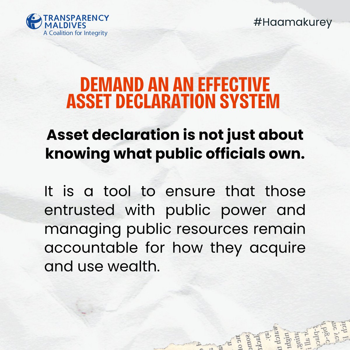 TransparencyMV's tweet photo. Demand an asset declaration regime that establishes a single, uniform declaration system for all designated public officials. A regime that independently verifies submitted declarations and is publicly available!

#Haamakurey https://t.co/EzyflowJ0R