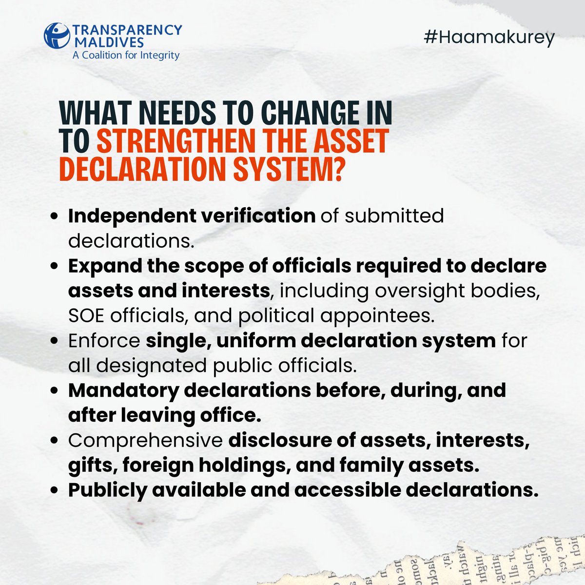 TransparencyMV's tweet photo. Demand an asset declaration regime that establishes a single, uniform declaration system for all designated public officials. A regime that independently verifies submitted declarations and is publicly available!

#Haamakurey https://t.co/EzyflowJ0R