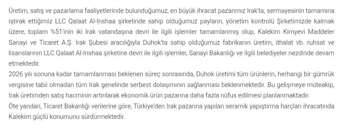 Piyasa1071's tweet photo. #KLKİM Kalekim, LLC Qalat'taki paylarını 12.000.000 USD bedelle sattı https://t.co/pFaim87mif