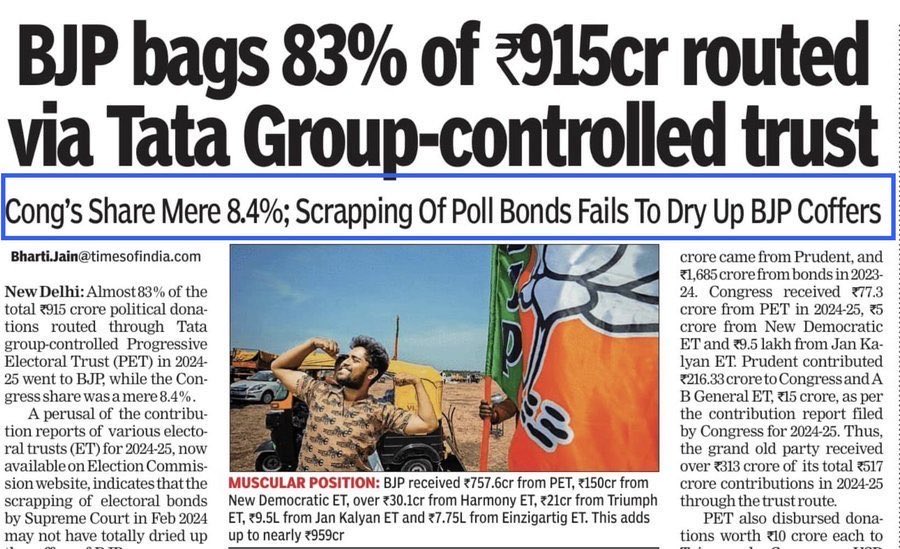 jawharsircar's tweet photo. Hope this Tata Group donation has nothing with TCS getting the ERONET 2.0 contract for India's voter roll backbone; with no tender, no published contract, no audit trail? 
This ERONET deleted  13 crore names off SIR rolls. https://t.co/zMC2W08D56