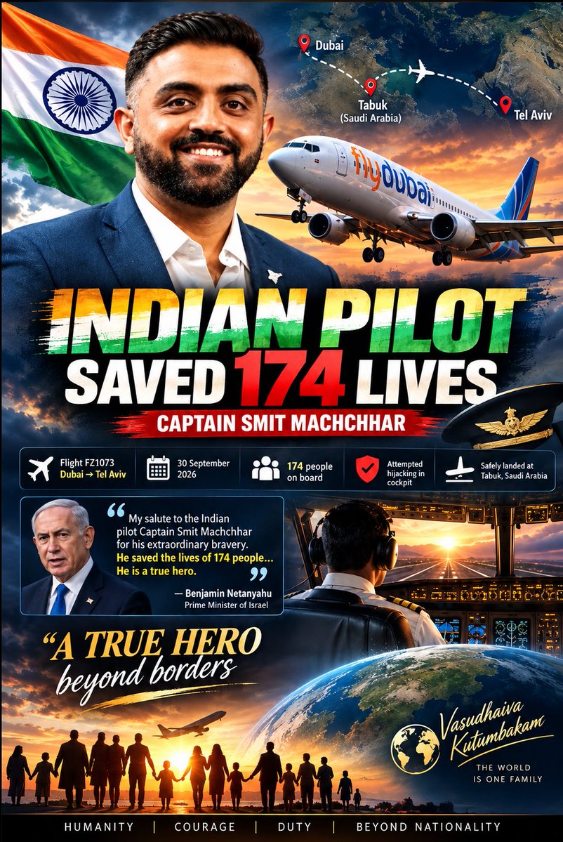 juni395819's tweet photo. Captain Smit Machchhar—courage under pressure, duty above self. 
Reports credit the Indian pilot with extraordinary bravery during a grave in-flight emergency involving 174 people. His story embodies “Vasudhaiva Kutumbakam”—the world is one family. In a moment of crisis, humanity came first. Saluting his courage and wishing him a swift recovery. 🌍
#SmitMachchhar #TrueHero #IndianPilot #VasudhaivaKutumbakam #HumanityFirst #India #Courage  #ProtectHumanRightsInChina #StandWithTibetXinjiangHongKong #ChineseHegemony
