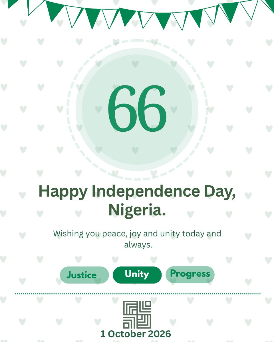 ZLegalofficial's tweet photo. 66 years of independence. 🇳🇬 Happy Independence Day, Nigeria. Wishing you peace, joy, and unity today and always.

#IndependenceDay #Nigeria66 #NigeriaAt66 #HappyIndependenceDay #October1st #NigeriaIndependenceDay #Naija

Independence Day | At 41 | Happy New Month | Happy 66th https://t.co/tbUMinWmdU