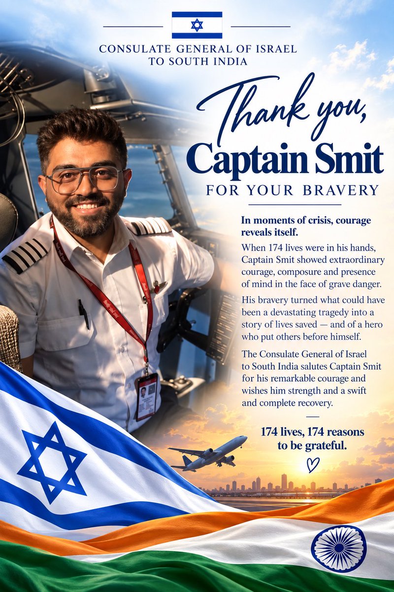 IsraelBangalore's tweet photo. We salute his bravery and wish him strength and a swift, complete recovery 🙏🏻

174 lives. 174 reasons to be grateful! ♥️ https://t.co/FFwarJVanp