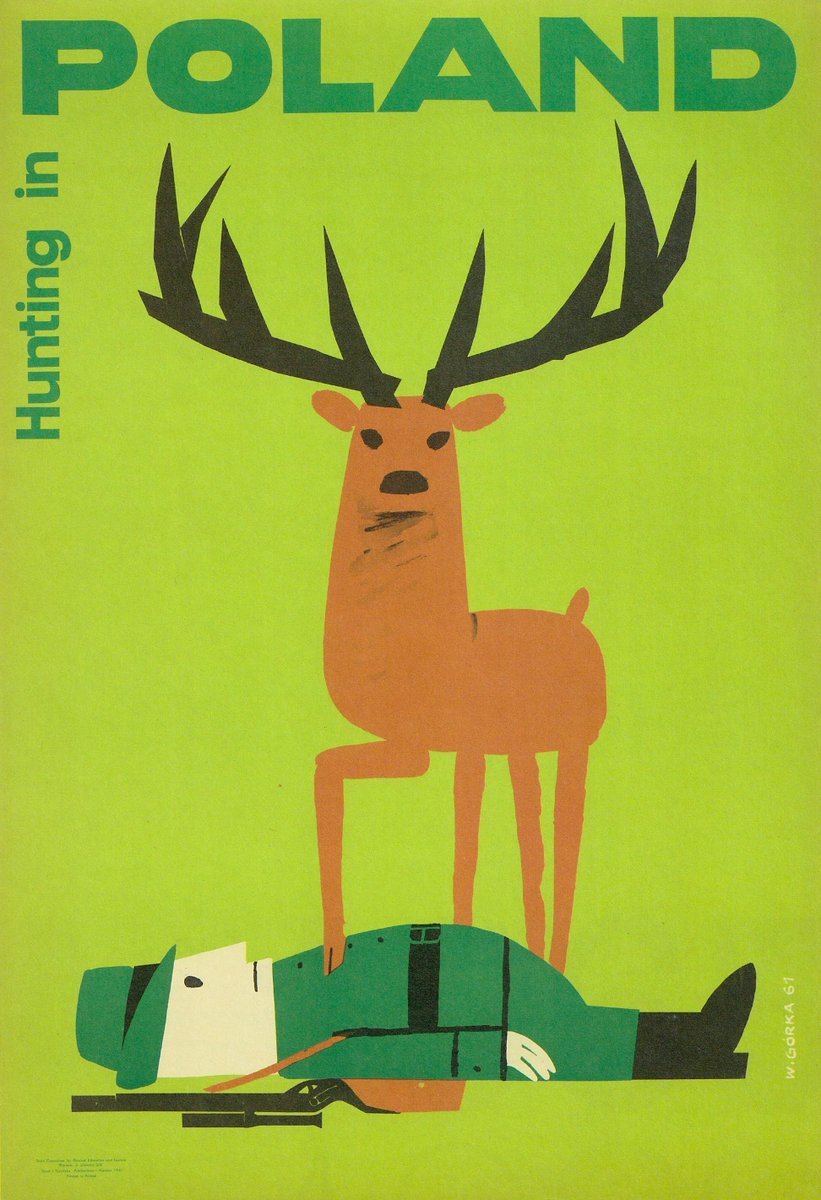 polmastersofart's tweet photo. Wiktor Górka - Hunting in Poland* (plakat turystyczny), 1961, Muzeum Plakatu w Wilanowie. #PolishMastersofArt
______
* Plakat ten należy do najbardziej rozpoznawalnych polskich reklam turystycznych, a dziś często odczytywany jest niemal jako proekologiczny manifest - oto potężny jeleń triumfuje nad pokonanym myśliwym, odwracając utrwalony porządek. Tym ciekawsze jest więc to, że sam projekt powstał na zamówienie Głównego Komitetu Kultury Fizycznej i Turystyki jako materiał promujący wśród cudzoziemców... polowania dewizowe w Polsce. Były one wyprawami organizowanymi specjalnie dla zagranicznych myśliwych, za które płacono w obcych, wymienialnych walutach - niezwykle cennych w gospodarce PRL. Rozwijane od końca lat 50. XX wieku miały przynosić wpływy https://t.co/Szi6YEKI04. Polskiemu Związkowi Łowieckiemu i Lasom Państwowym, a część pozyskiwanych w ten sposób środków zasilała także gospodarkę łowiecką i zagospodarowanie łowisk 🦌

Wiktor Górka zamiast jednak pokazać zagranicznemu turyście wizję zwycięskiego łowcy i imponującego trofeum, zrobił coś dokładnie odwrotnego - monumentalny jeleń stoi z uniesioną głową i kopytem opartym na piersi leżącego człowieka. To charakterystyczny dla Polskiej Szkoły Plakatu rodzaj przewrotnego humoru, w którym reklama potrafi jednocześnie żartować z własnego przedmiotu. Znakomity Marcin Wicha, pisząc o ironii polskiego plakatu, wskazywał właśnie tę pracę jako przykład sytuacji, w której plakat reklamujący polowanie właściwie ośmiesza samą ideę myśliwskiego triumfu. Afisz funkcjonował w kilku wersjach językowych, m. in. angielskiej i niemieckiej, a już w roku powstania został dostrzeżony za granicą - na II Międzynarodowej Wystawie Plakatu Turystycznego w Livorno otrzymał Award of Merit. Sześćdziesiąt pięć lat później jego przekaz wydaje się jeszcze bardziej przewrotny niż w chwili, gdy powstawał 🖼️