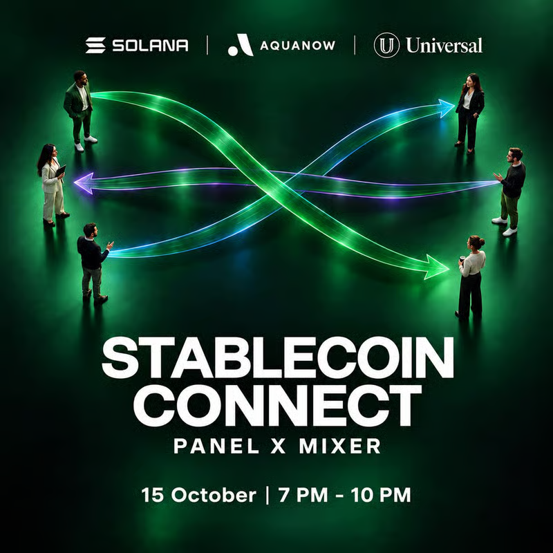 SuperteamAE's tweet photo. Stablecoin Connect: Panel &amp; Mixer
@Solana x @Aquanow x @Universal_USDU

📍 15 October, 7:00 - 10:00PM, Dubai  

Register now ↓ https://t.co/dVxAjcm006