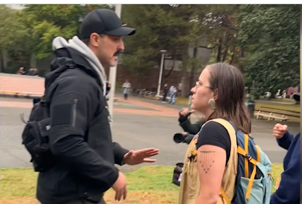 FrancesWiddows1's tweet photo. A deranged student - encouraged by @UVic President Robina Thomas in December 2025 - throws a kombucha drink in the face of cinematographer Simon Hergott, damages his camera and then punches him several times. An orange ribbon clad @SaanichPolice officer does not charge her. https://t.co/G1Czweit9r