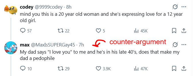 cmnrqd's tweet photo. @Mitsu_likeMitsu @MaxIsSUPERGay45 where did they do that on the qrt? the only time pedophilia was brought up was to counter how flawed and narrow-minded op's argument was.

language evolves over time. humans get smarter and more logical, so there's no need to have different words because you can use context clues https://t.co/LUMUsOUMPT