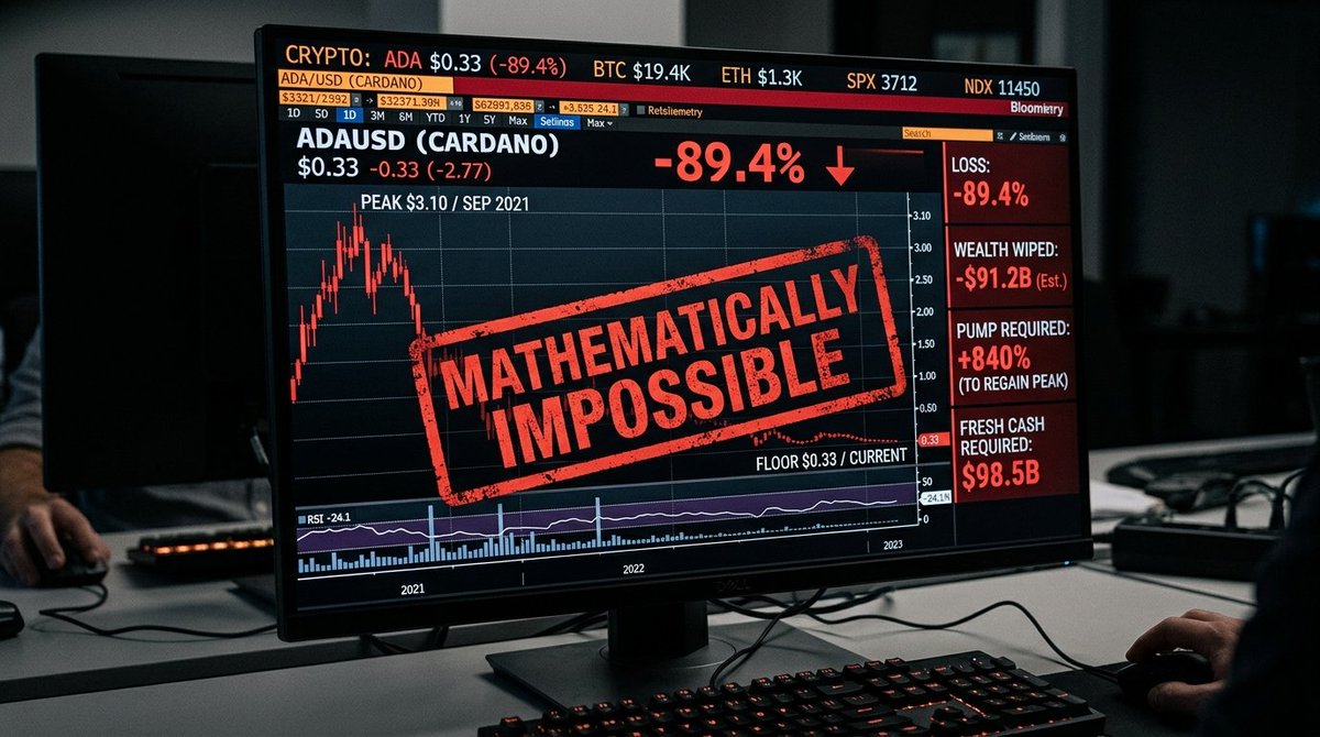 TheStrategistC's tweet photo. Look at this screen.

Can Cardano ($ADA) ever reach its All-Time High of $3.10 again?

Retail influencers tell you it's "inevitable in the next leg up."

The cold, unvarnished mathematics says something very different:

• 2021 Peak: $3.10
• Current Floor: $0.33
• Wealth Annihilation: -89.4%
• Underwater Wallets: 78.4% of all holders

To see $3.10 again, $ADA doesn't just need a +840% pump.

It requires +$98,500,000,000 in brand new cash liquidity. 

That is more than the entire market cap of Nike, Boeing, and PayPal combined.

Here is the unsealed forensic autopsy: 🧵👇