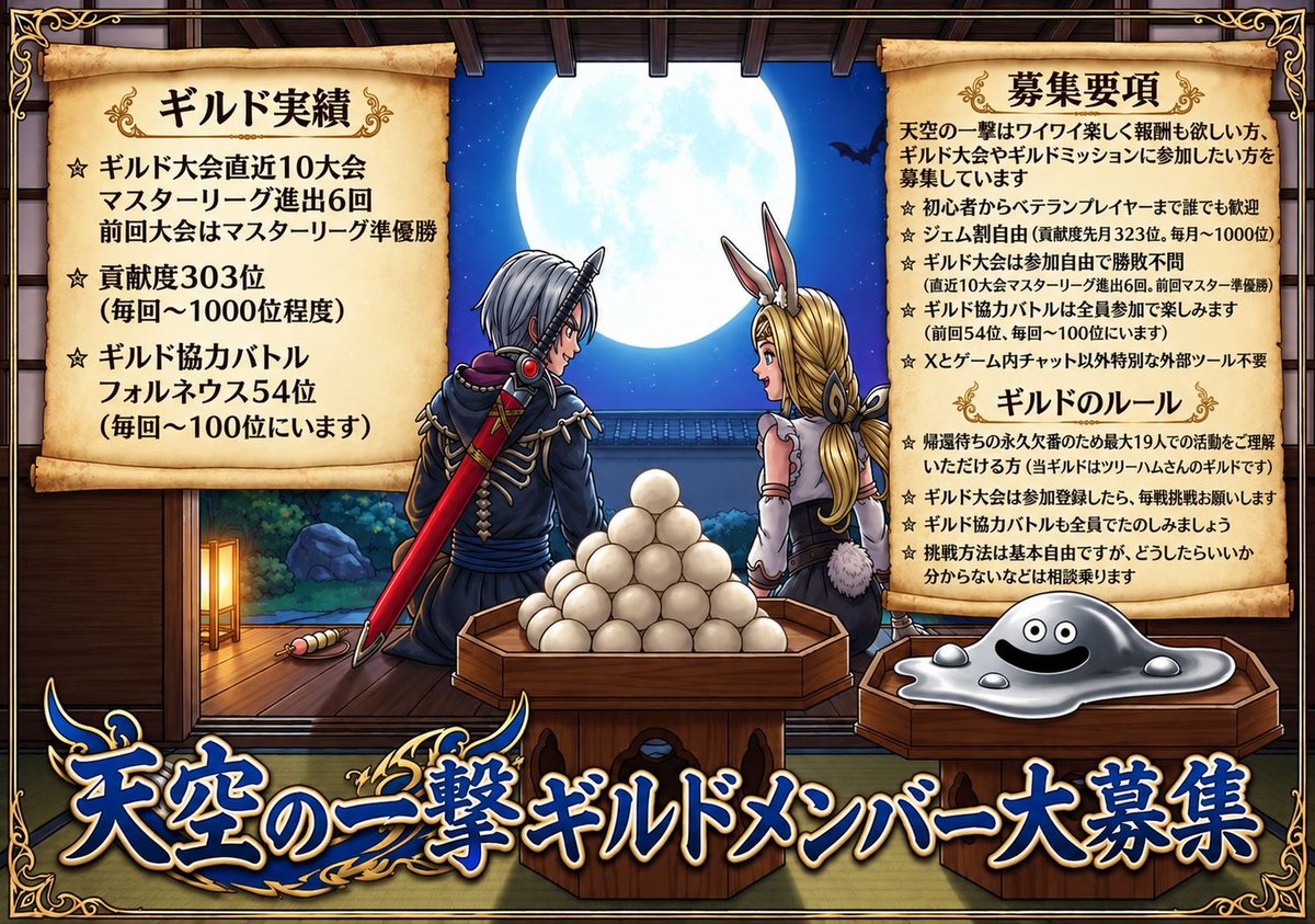 Sato_dqtact's tweet photo. 【天空の一撃ギルドメンバー募集】
10月からの新規ギルメン募集します✨申し込み、質問等ありましたらDM、リプでよろしくお願いします🙇
ベテランから新規勢まで、幅広くタクト楽しんでます😆気軽にお問い合わせお待ちしてます🙏

#ドラクエタクト
#ギルメン募集 https://t.co/trwwQEsWKt