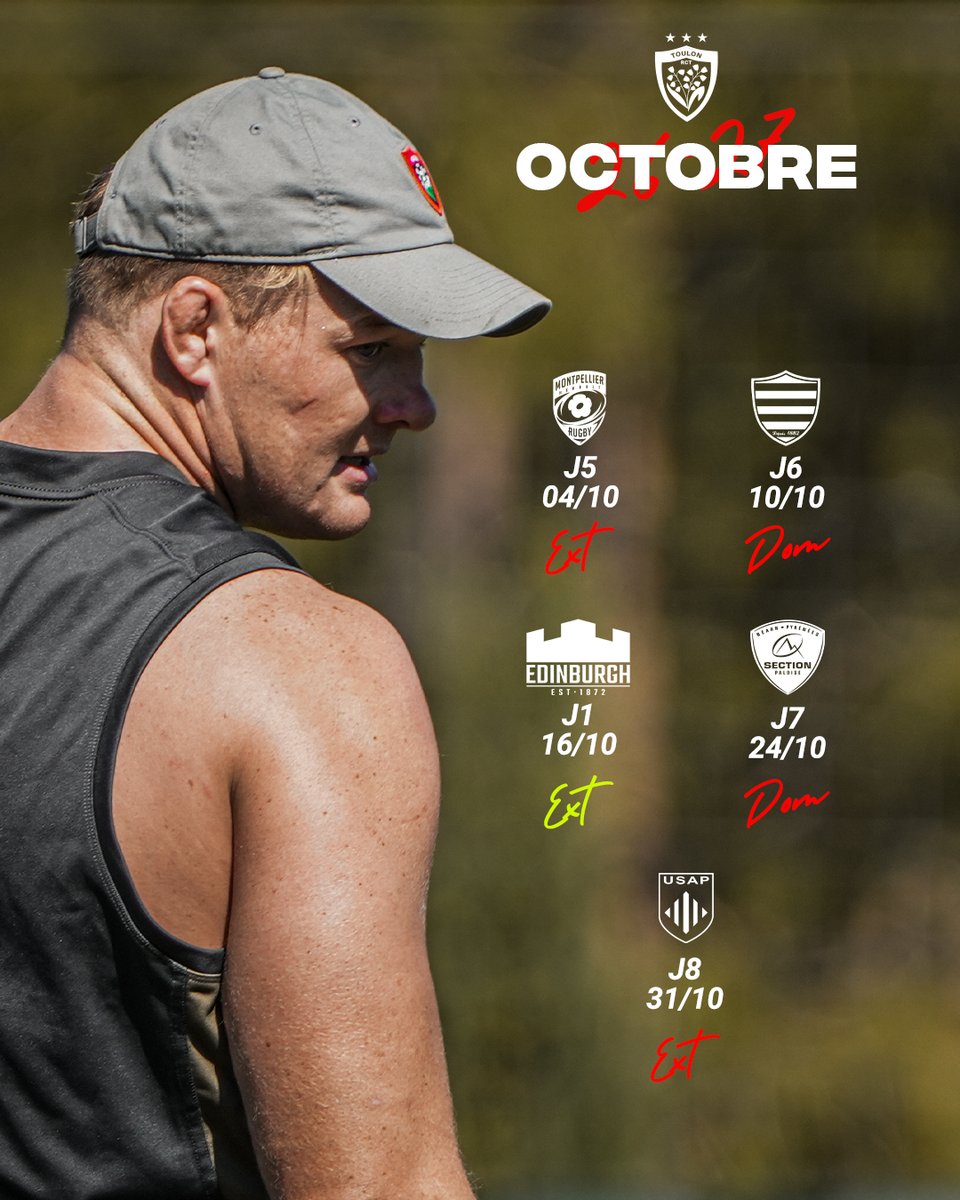 RCTofficiel's tweet photo. 𝗢𝗖𝗧𝗢𝗕𝗥𝗘 ▶️

Un deuxième mois de compétition commence aujourd'hui ! 🔥

Un premier rendez-vous ce dimanche à Montpellier et le retour de la @ChallengeCup_ au programme 💪🔴⚫️

#ParceQueToulon https://t.co/1nuVx5no9B