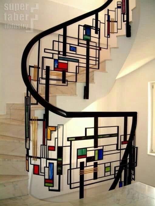 Rainmaker1973's tweet photo. Stained-glass staircase with abstract geometry by Piet Mondrian, from the 1900s. https://t.co/MITZkEUTl1
