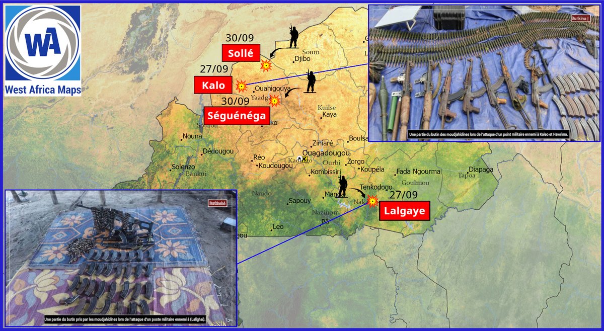 Wamaps_news's tweet photo. BURKINA FASO 🇧🇫

🔴 Ce 01/10, le JNIM affirme avoir tué un soldat burkinabè lors de l’attaque contre le camp militaire de Lalgaye (Koulpélogo) samedi soir

Le groupe revendique également avoir saisi des armes automatiques, des motos, d’autres équipements et détruit un véhicule militaire lors d’une attaque contre 2 postes militaires à Kalo et Haorima (Ouahigouya), le même jour.

(localisations et photos 📸 sur notre carte🗺ci-dessous)

🔶 Hier, le JNIM a revendiqué 2 autres attaques dans le pays, contre des postes de VDP à Séguénéga (Ouahigouya) et Solle (Loroum)

(localisations sur notre carte 🗺️ ci-dessous)

⚠️ À noter que, même si une attaque à Kalo avait été revendiquée le 27/09, des attaques simultanées à Haourima et à Kalo avaient été revendiquées le 24/09.

ℹ️ Le Burkina Faso a par ailleurs célébré hier le 4eme anniversaire de l'arrivée au pouvoir d'Ibrahim Traoré