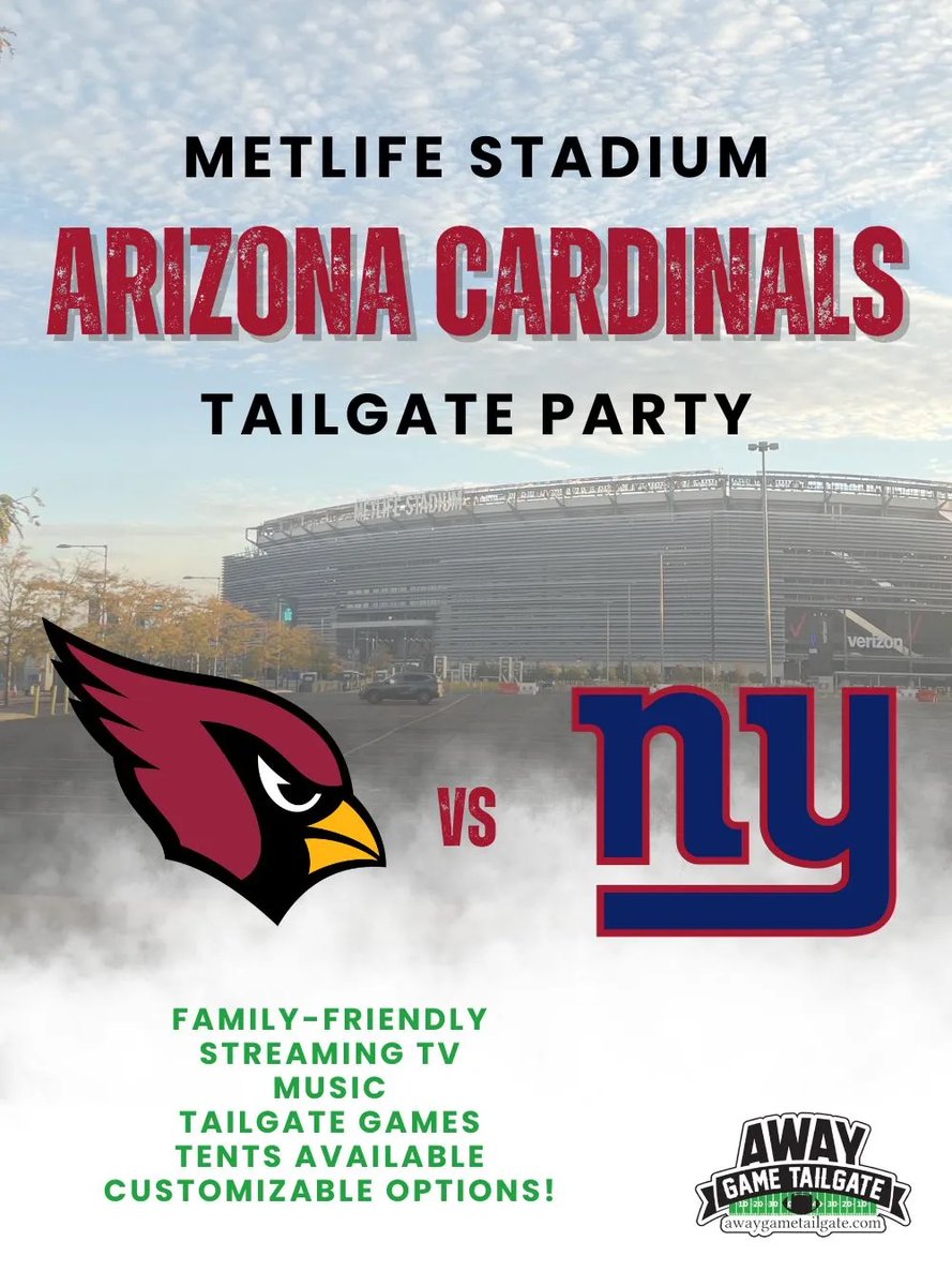 AwayTailgate's tweet photo. So you're going to MetLife Stadium and you're NOT a Giants fan? Tailgate with Cardinals fans Sunday with Away Game Tailgate! Get your tickets soon!! https://t.co/jqyWOn8fy6

#ArizonaCardinals #CardinalsTailgate #AwayTeam #MetLifeStadium #AGT https://t.co/Hvw8uPffuk