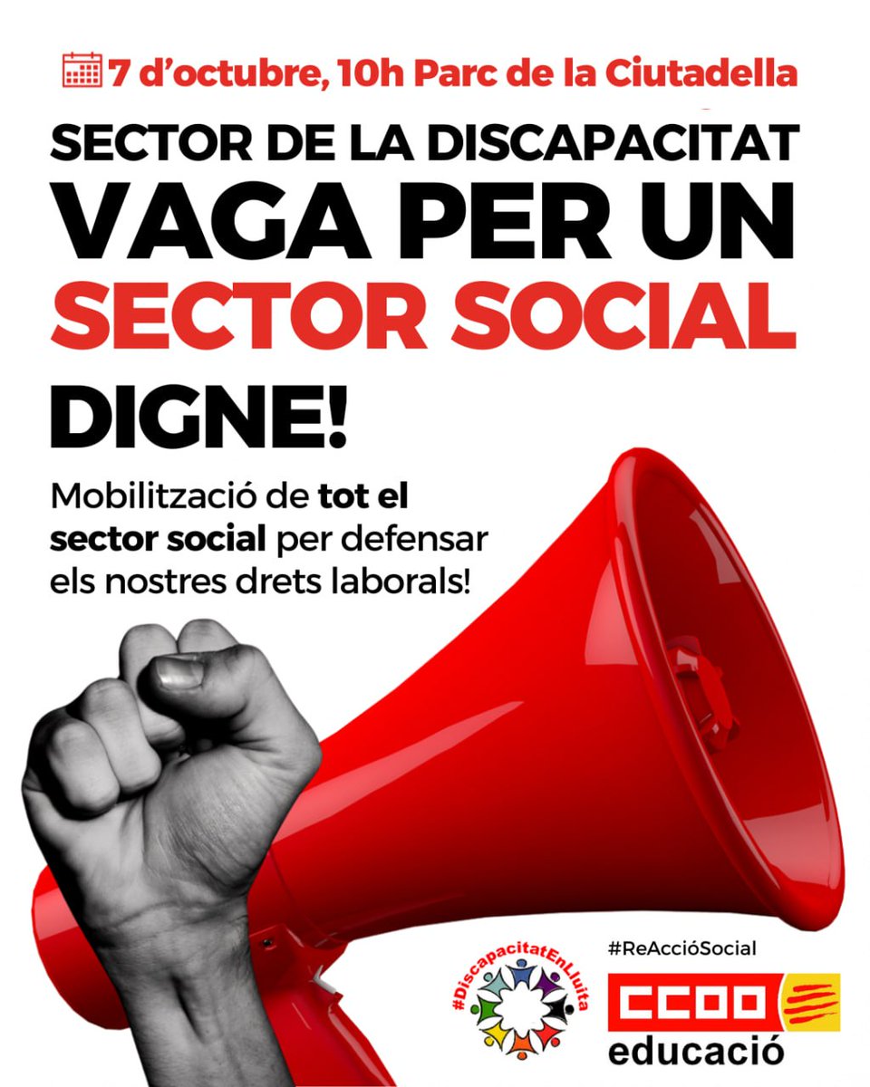 agallardocat's tweet photo. El 7 d'octubre, vaga. Els i les professionals de la discapacitat intel·lectual hi serem, al costat de @CCOOCatalunya i del sindicalisme de classe. També, des del @PSUC_Viu donem suport a una lluita que és de tota la classe treballadora. La força és col·lectiva✊🏼🚩#Vaga7O https://t.co/Fl3QkeRVBU