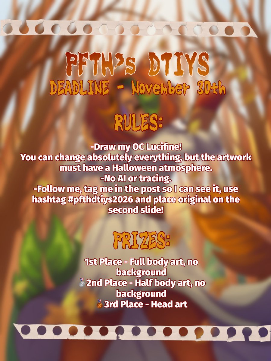 PetfromtheHell's tweet photo. 🍂 WELCOME to Pet from the Hell’s DTIYS 2026 🎃
#pfthdtiys2026
Draw my OC in your style and wіn a рrіzе!
#dtiys #drawthisinyourstyle #artmoots https://t.co/K90ilJu4Pm