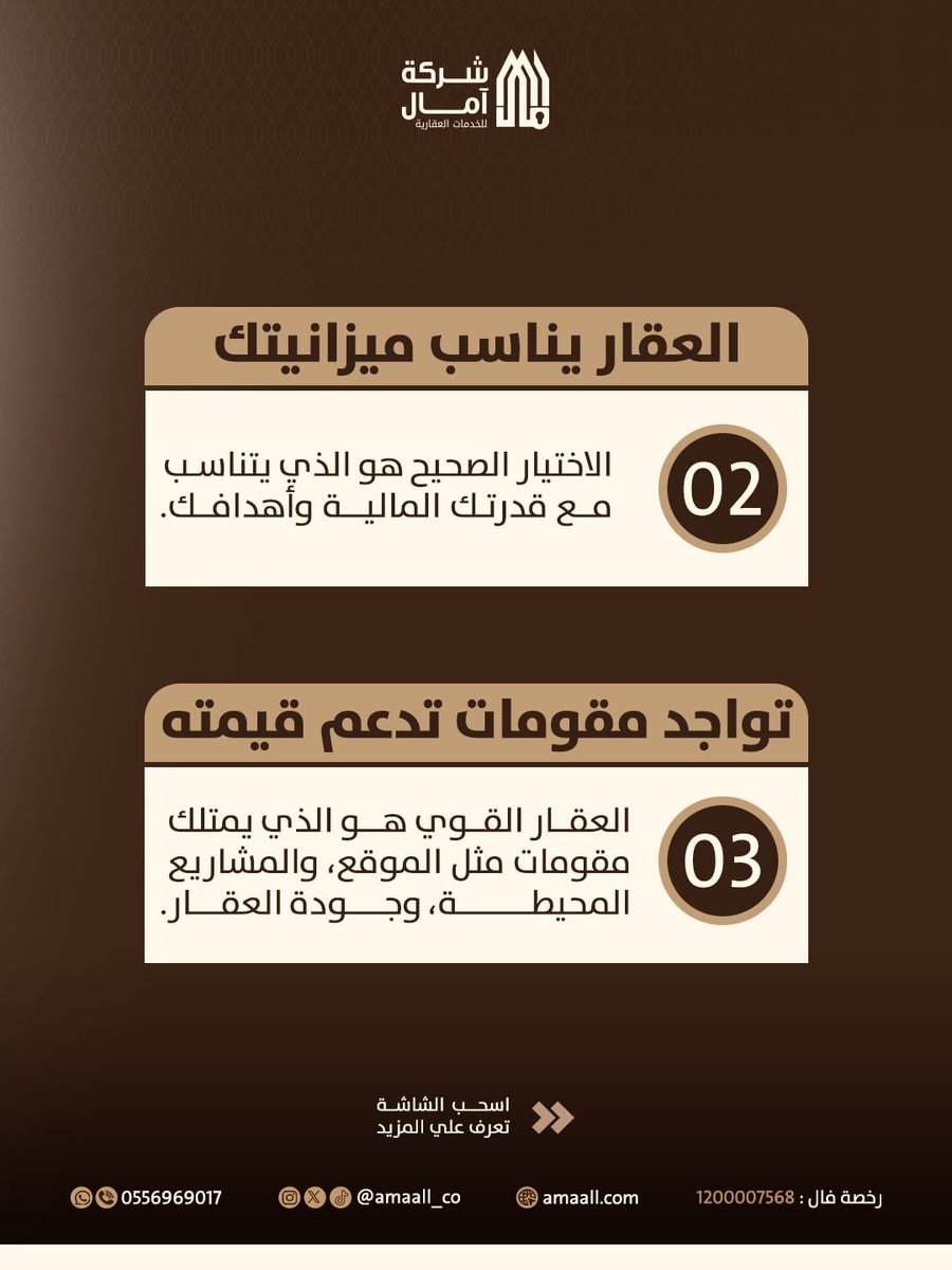 amaall_co's tweet photo. اختيار العقار قرار مهم، ولا يعتمد على الانطباع وحده.
الموقع، والملاءمة المالية، ومقومات النمو، من أهم العناصر التي تستحق الدراسة قبل اتخاذ القرار.
لأن العقار المناسب يبدأ باختيار مدروس.

#عقار #آمال #Amaall #اختيار_العقار #تسويق_عقاري https://t.co/pMNSFoIYJd