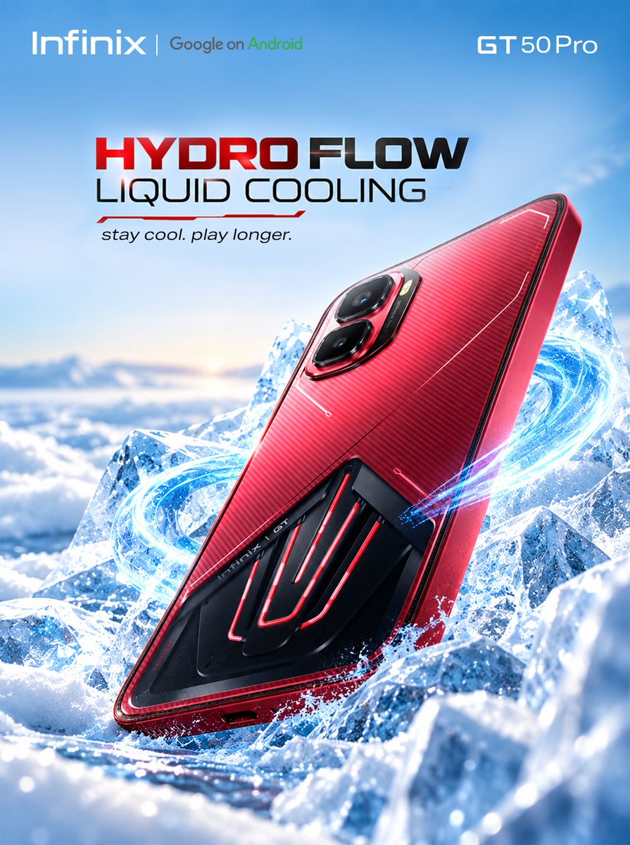 InfinixGhana's tweet photo. Stay cool. Play longer.
The GT 50 Pro with HydroFlow Liquid Cooling keeps the heat down, so your game stays on.
#InfinixGhana #Infinix #InfinixGT #GT50Pro #HydroFlow #LiquidCooling #GamingPhone #TechGhana #PowerToPlay #LevelUp #GameWithoutLimits https://t.co/vFVLTYsTJs