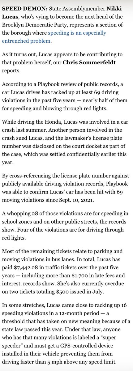 C_Sommerfeldt's tweet photo. Assemblymember Nikki Lucas, who's vying to become the embattled Brooklyn Democratic Party's next head, has racked up at least 69 traffic violations in the past five years — nearly half of them for speeding and blowing through red lights. 

https://t.co/EeBJnZbuQ7 https://t.co/7qJrhLpQbO