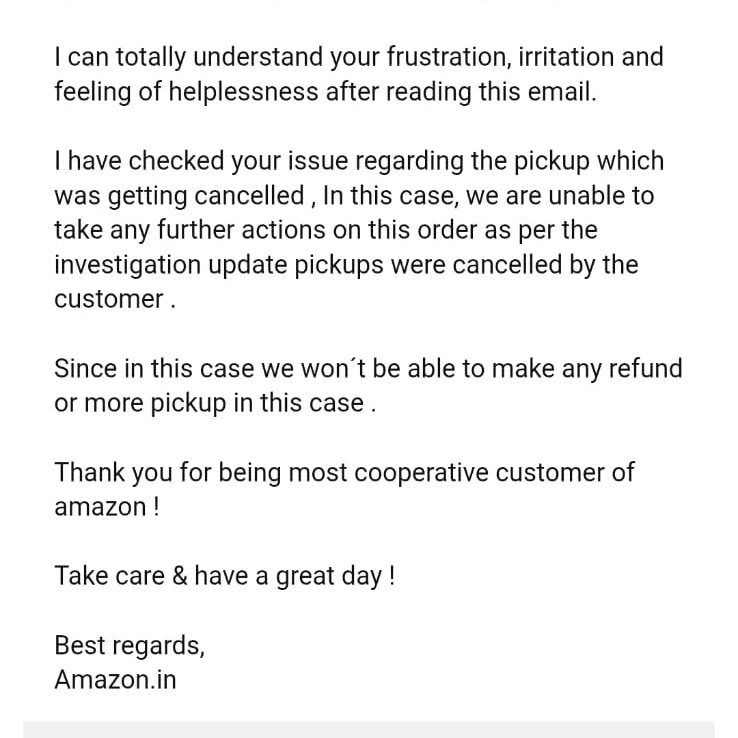 shaurya_jeet's tweet photo. @amazon @amazonIN @AmazonHelp They are saying that investigation found that the return was cancelled from my end and hence there would be no more pickup attempts nor any refund. https://t.co/0v9Z4CPyGT