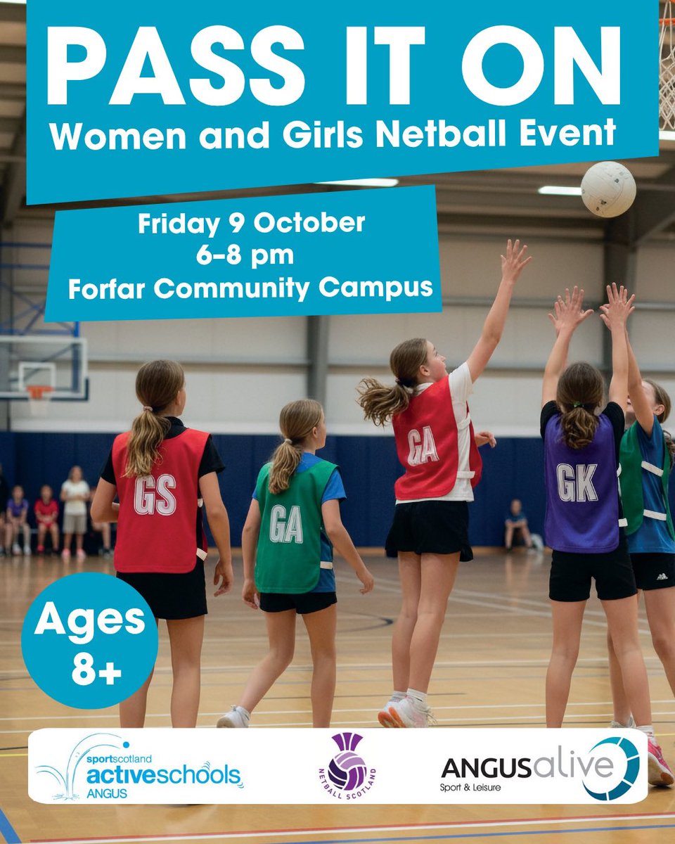 ActiveSchAngus's tweet photo. Great opportunity to play some netball during the school holidays, free to attend, simply book a spot at Forfar Community Campus. Celebrating a decade of women’s and girls sports weeks later this autumn #SheCanSheWill https://t.co/clJc6Q2mH5