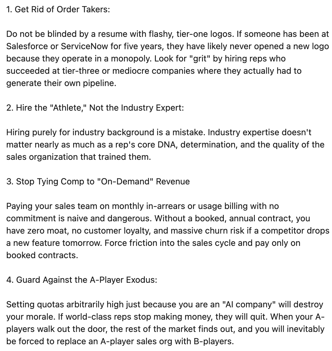 thedealdirector's tweet photo. OpenAI, SpaceXAI and Cognition all claim to be building "the best GTM team in the world," yet the same sourcing company is doing the hiring for all three.

Why do the new sales leaders at these AI natives all come from the same background: Snowflake, Grafana, MongoDB, Zscaler, Rubrik, Datadog? Why do they only seem to hire reps referred from one of these companies?

It's called the playbook mafia, and it's part of the underbelly of tech sales today. The high-level story is simple. PTC was one of the moderately successful enterprise tech companies of the 1990s, and one of its sales leaders, John McMahon, popularized a qualification framework called MEDDPICC.

The team that worked directly for John went on to different parts of the industry, notably companies like MongoDB and Snowflake. They created sales cultures built on high pressure to generate new pipeline and a big focus on following a single process in their daily work. Those who played along were paid handsomely, and those who didn't were kicked out quickly.

Are these bad things? Not in isolation. We want mission-driven individuals in tech sales, and we want them to hold themselves accountable to a high standard.

The catch with playbook companies is that nobody has rethought what the "playbook" looks like since its heyday at the peak of the ZIRP era. The profile for success is changing, and a heavy focus on personal drive and quality of execution is now table stakes.

When they say "we will build the most successful GTM team in the world," the obvious question is: have you done it before?

Microsoft Azure has built exceptional account teams, closing billions of dollars with single customers, and has $124B ARR.

Anthropic reached $64B ARR while asking every employee to swear on the Claude Constitution.

Databricks reached a $7B run-rate, outplaying Snowflake, which had a massive early lead.

Yet for some reason, none of the best-performing sales reps at these companies are a "fit" for a playbook company. In fact, if you listen to a recent interview with Chris Degnan, their profile is undesirable. Sales reps who are industry experts, have technical insight and thrive at building successful long-term sales cycles (consumption contracts) are frowned upon.

The goal is to only hire people who show "grit" and want to work for YOU. And if they do well, we will push the company to PAY AS HIGH AS POSSIBLE to retain them. There is no interest in what the best strategy is for the company or its customers. It's about MY team and MY people.

So what we're seeing now is the same group of leaders, and the sales reps loyal to them, moving into AI-native companies. If you want a shot at working for those companies, you need to go back to the "training factories" like Snowflake or MongoDB first.

In the ugly situation with Factory and Cognition, the tribal lines became obvious. The shocking part wasn't just the breach of trust of advising one company and then becoming CRO of its competitor. It was that the most important thing to mention in the announcement was "I'm bringing my friend and business partner to hire all the reps at the new company."

What played out is no surprise to those who have seen firsthand how the playbook mafia behaves when things go sideways. Take a look at Lacework, and how Andy Byron (the CEO who famously got caught at a Coldplay concert cheating with his HR leader) got pushed into a leadership role at Astronomer.

Something similar is playing out at OpenAI, where the current crop of sales leaders has been cleared out, even though the company had a great last quarter and pushed past Anthropic's ARR.

If you're a sales rep at a playbook company, it's important to remember that you're just a product, to be upsold to the next employer as long as you keep your mouth shut and nod along.