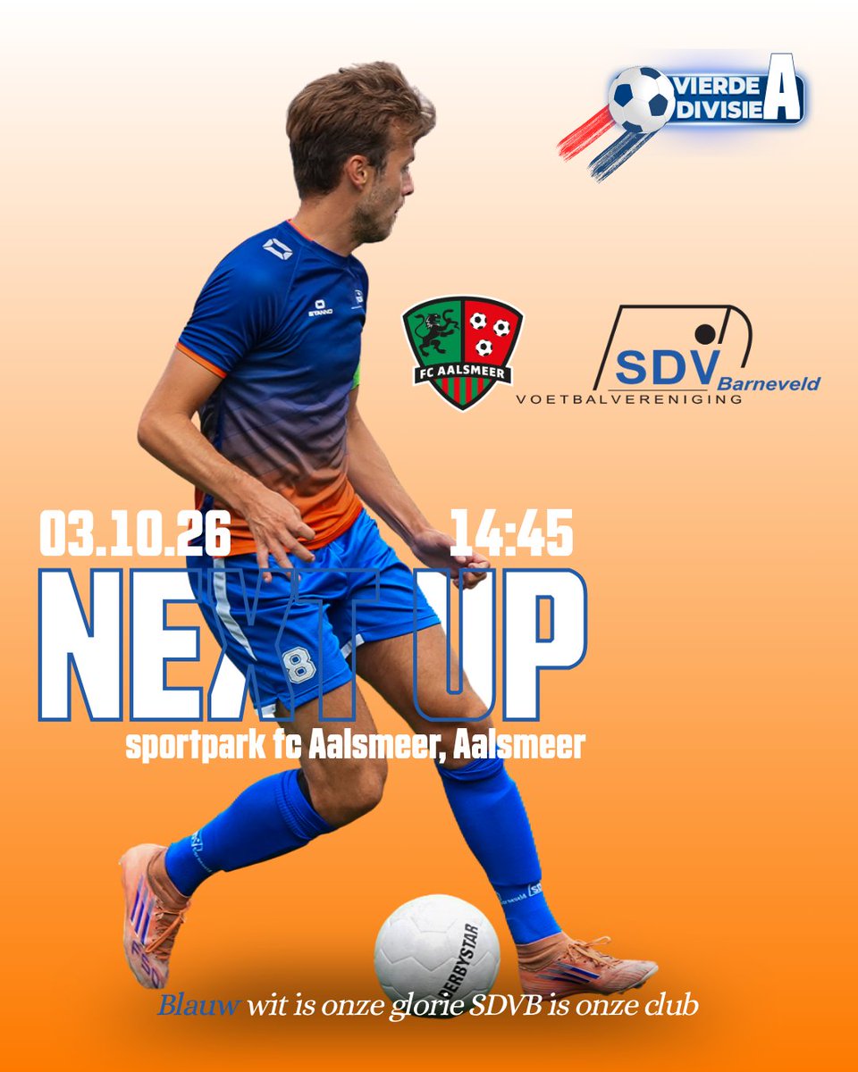 SDVBarneveld's tweet photo. Voorbeschouwing 03.10.26 
@fcAalsmeer  - @SDVBarneveld 
 Zaterdag 3 oktober, 14.45 uur: FC Aalsmeer – SDVB
SDVB gaat zaterdag naar Aalsmeer voor de derde uitwedstrijd van het seizoen. FC Aalsmeer is een fusieclub, die dertien jaar geleden werd opgericht en nog niet eerder bij SDVB in de competitie zat.
https://t.co/hq0f9XhvXa
