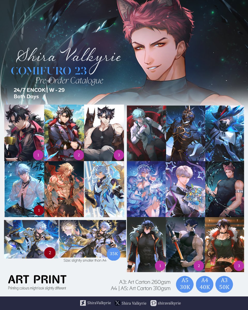 svalkyrie_2512's tweet photo. Shira Valkyrie’s #CF23 Pre Order Catalogue 

Pick Up Both Days | Local Mail Order | International Mail Order 
🗓️ Oct 1 - Oct 5 
Booth: W-29 | Circle: 24/7 ENCOK Fandom : Genshin, Arknights, HSR, WuWa, Lads 
#comifuro23 #cf23catalogue
[ Shares &amp;💙appreciated!🐉 ]
(1/2) https://t.co/gjw0vBWP3j
