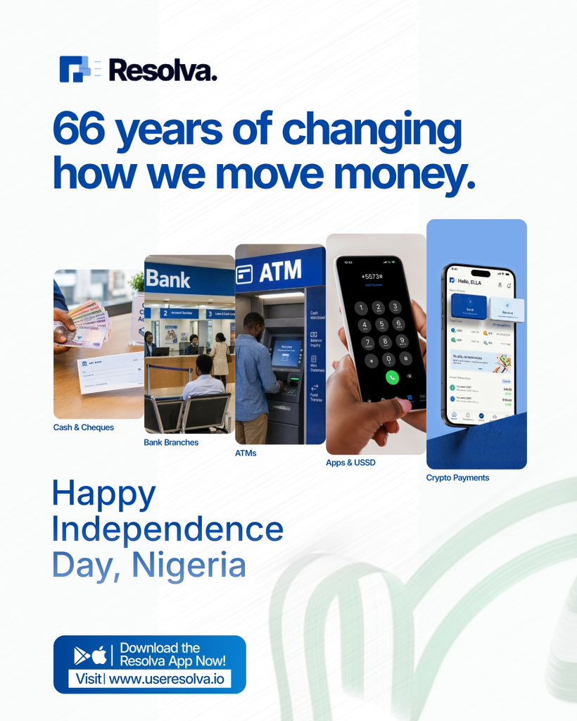 ResolvaHQ's tweet photo. 66 years of Nigeria. 🇳🇬

From cash to cheques, bank branches to ATMs, USSD to digital wallets and now crypto — the way we move money has never stayed the same.

 Here’s to a Nigeria that keeps evolving, creating, and making room for more possibilities.

Happy Independence Day, Nigeria. 💚

#Independence #Nigeria66