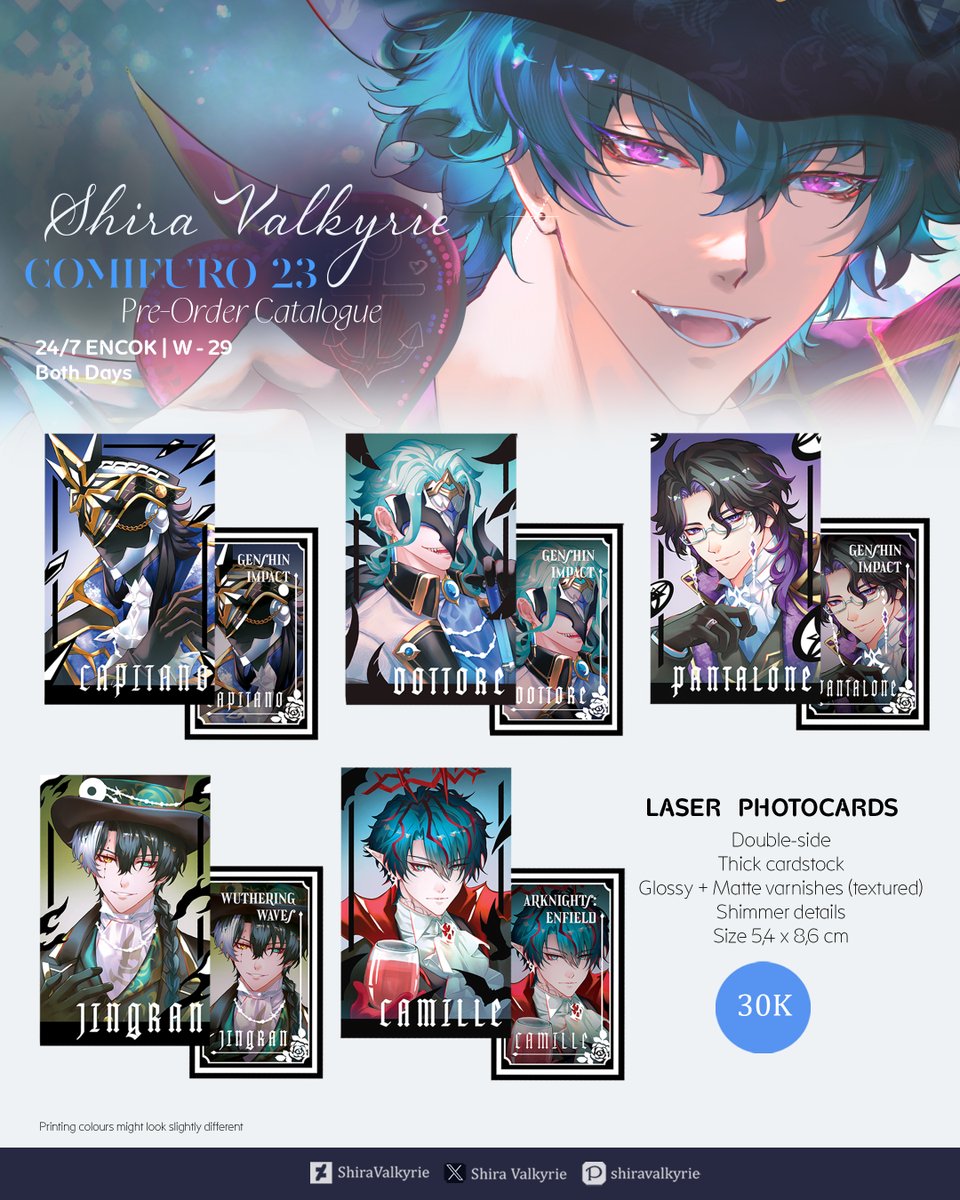 svalkyrie_2512's tweet photo. Shira Valkyrie’s #CF23 Pre Order Catalogue 

Pick Up Both Days | Local Mail Order | International Mail Order 
🗓️ Oct 1 - Oct 5 
Booth: W-29 | Circle: 24/7 ENCOK Fandom : Genshin, Arknights, HSR, WuWa, Lads 
#comifuro23 #cf23catalogue
[ Shares &amp;💙appreciated!🐉 ]
(1/2) https://t.co/gjw0vBWP3j