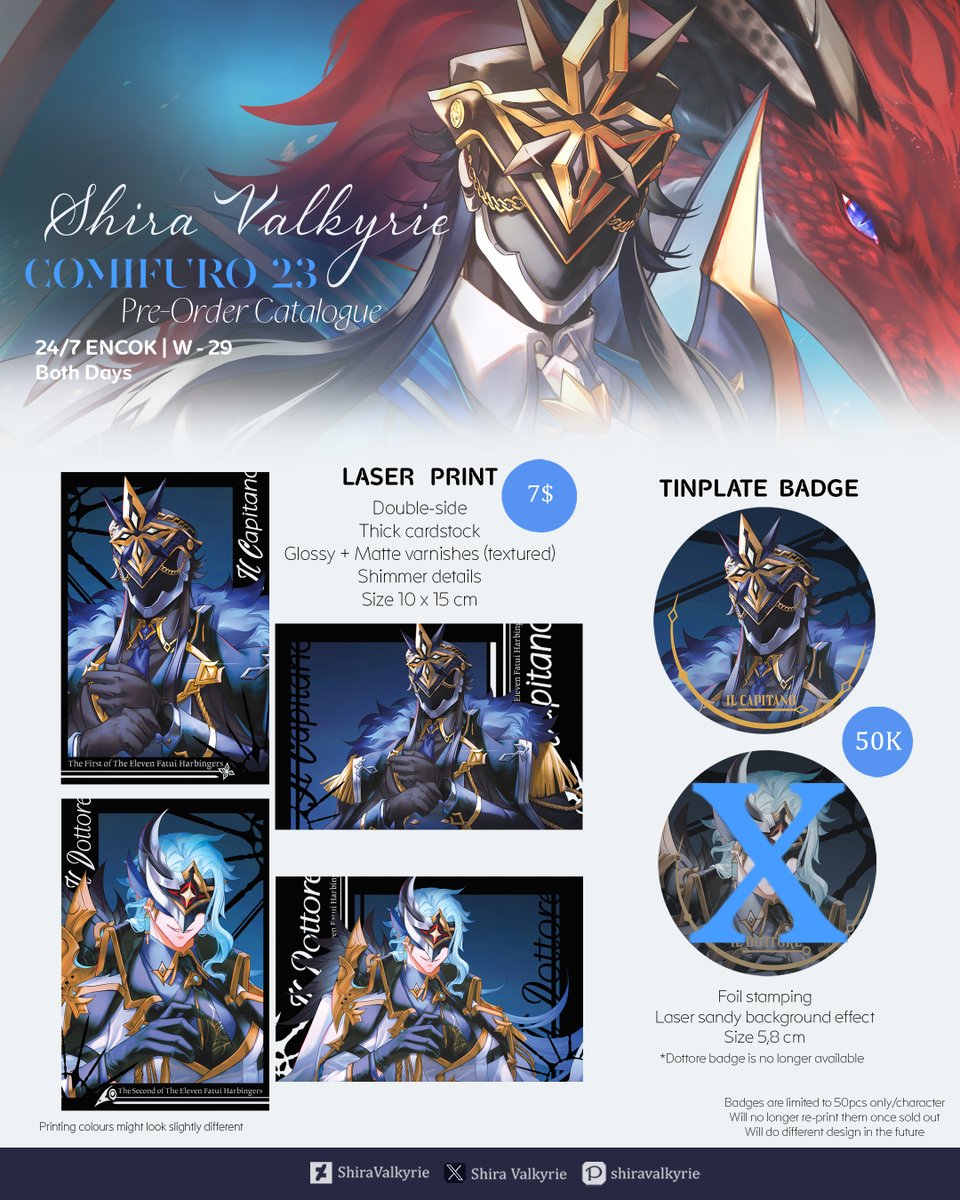 svalkyrie_2512's tweet photo. Shira Valkyrie’s #CF23 Pre Order Catalogue 

Pick Up Both Days | Local Mail Order | International Mail Order 
🗓️ Oct 1 - Oct 5 
Booth: W-29 | Circle: 24/7 ENCOK Fandom : Genshin, Arknights, HSR, WuWa, Lads 
#comifuro23 #cf23catalogue
[ Shares &amp;💙appreciated!🐉 ]
(1/2) https://t.co/gjw0vBWP3j