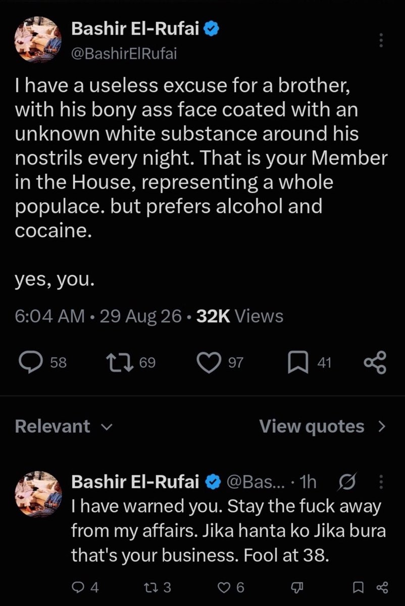 KawuGarba's tweet photo. @BashirAhmaad @B_ELRUFAI Don’t mind him. It’s possible he didn’t know he wrote that, or he has mistaken you for the demons that come to him whenever he is high on his white powder as posted by his brother.

The man needs help, I don’t know why they allow him to come back to social media now. https://t.co/St7zGDKHWR