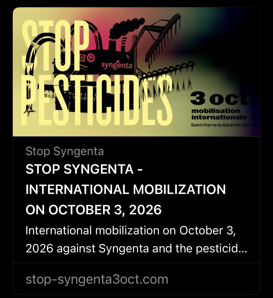 ViaCampesinaBE's tweet photo. ⁨📅 3 Oct 2026📍France 
🌍 INTERNATIONAL MOBILIZATION ✊🏽
📢 #StopPesticides #StopSyngenta3oct

🚜 EN/ES/FR: https://t.co/wtMtpNKkP1

⏚ EN+FR+DE+ES ⤵️
➡️ https://t.co/P3gPjVnHGV

➤Telegram:https://t.co/NgUe7eDbzn

@lessoulevements @via_campesina 
#AgrotoxicsKILL #StopAgrotoxics https://t.co/upMRjd7V1Z