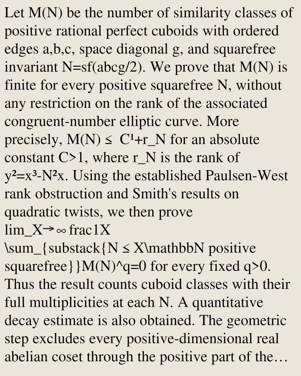 MathPaper's tweet photo. Finiteness in Square Classes and Weighted Zero Density of Perfect Cuboids

Valery Asiryan
https://t.co/TChSQcZEaM [𝚖𝚊𝚝𝚑.𝙶𝙼] https://t.co/jSeP8d4ZB8