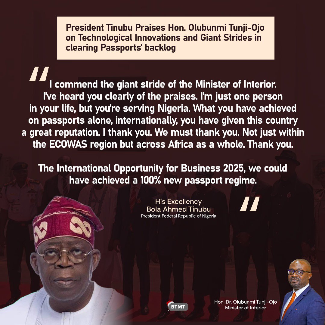 OOdetoye53952's tweet photo. President Tinubu Praises Hon.Olubunmi Tunji-Ojo on Technological Innovation and Giant Strides in clearing Passports' backlog.
#TinubuInMOI
#UseContactless
Olubunmi Tunji-Ojo
President Bola Ahmed Tinubu https://t.co/Vzm89xGIXV