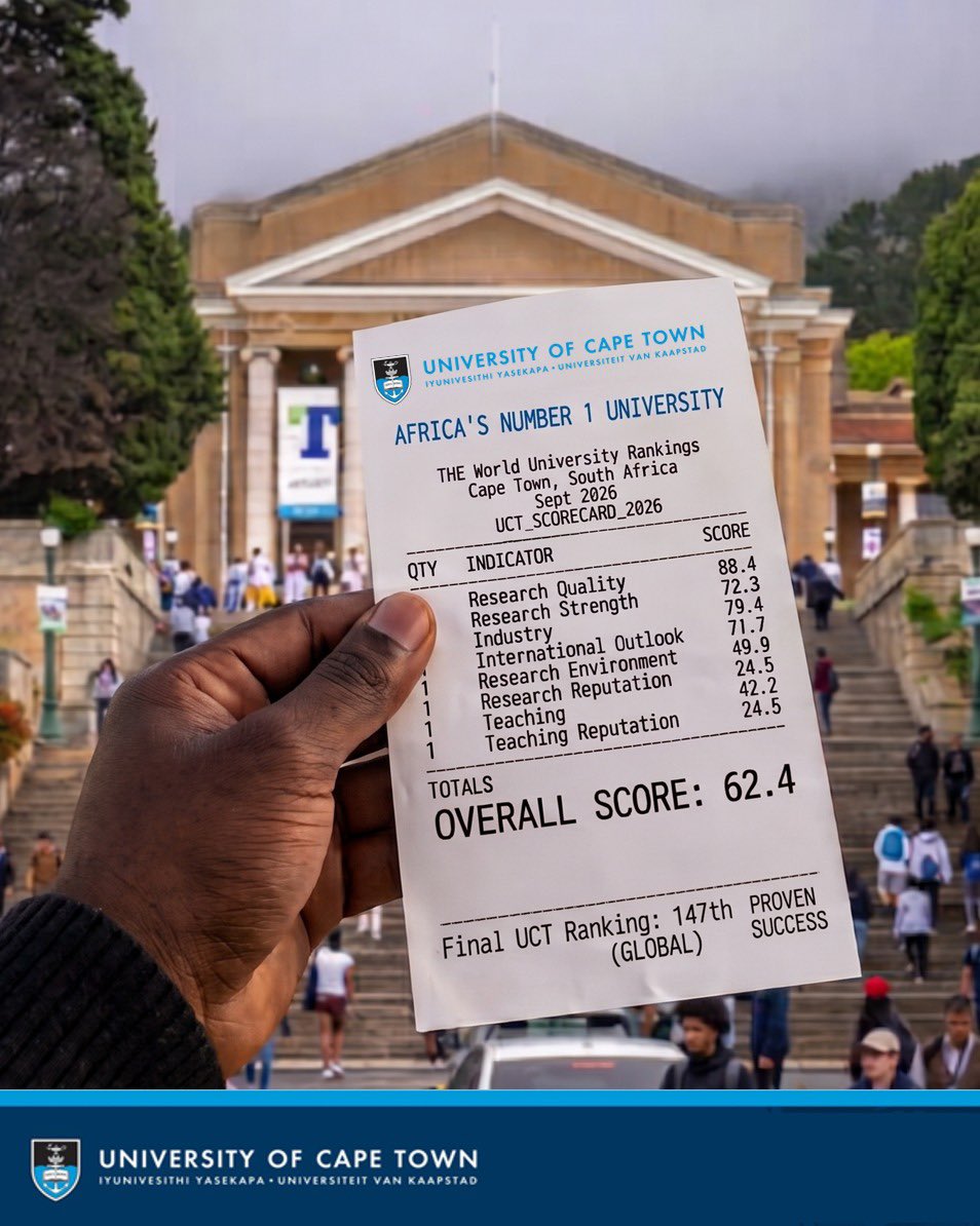 UCT_news's tweet photo. UCT remains the number 1 university in Africa in the Times Higher Education World University Rankings released on 30 September 2026. #UCTBestInAfrica #WeHaveTHEReceipt https://t.co/6Wj43oJkks