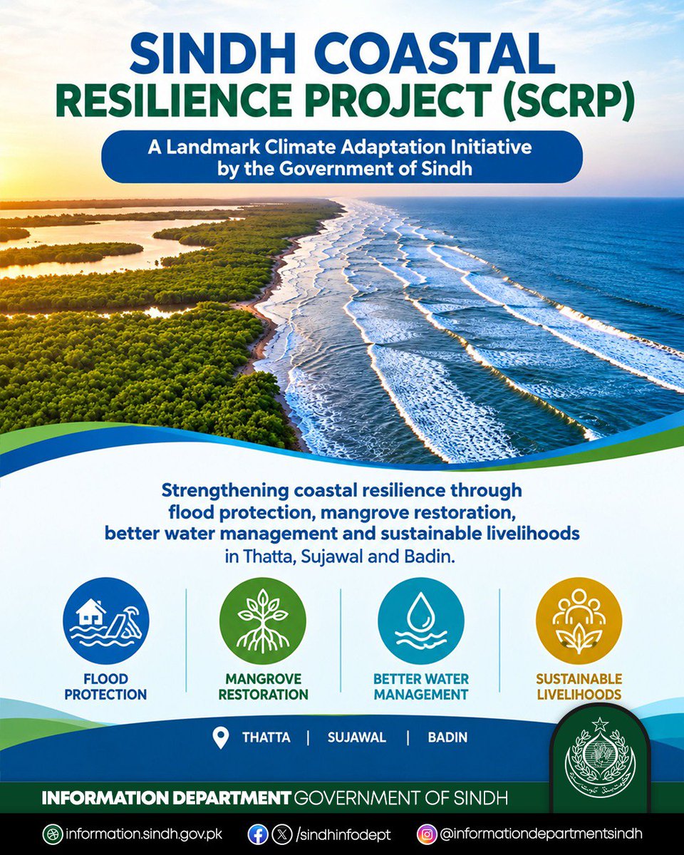 sindhinfodepart's tweet photo. The Government of Sindh has launched the Sindh Coastal Resilience Project (SCRP), a landmark climate adaptation initiative that will strengthen flood protection, restore mangroves, improve water management, support livelihoods, and build climate resilience for vulnerable coastal communities.
