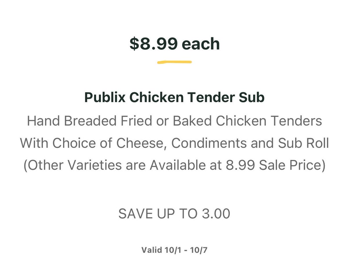 PubSubs_on_sale's tweet photo. Yes! 🚨

Publix Chicken Tender subs are $8.99 (10/1-10/7). https://t.co/8wU4Dpojt7
