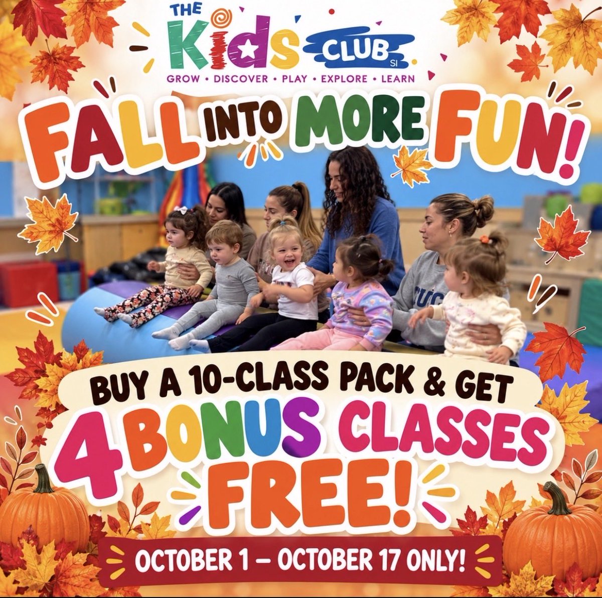thekidsclubsi's tweet photo. 🍂🍁 HAPPY FALL, Y’ALL! 🍁🍂
Fall into FUN at The Kids Club! 💜
🍁 FALL SPECIAL | OCT. 1–17
Buy a 10-Class Pack & get 4 BONUS CLASSES FREE! 🎉
👶 Birth–5 years
📲 https://t.co/fYblC9YFRA
PLAY • LEARN • EXPLORE • GROW 💜
#TheKidsClubSI #StatenIsland #FallSpecial https://t.co/PUM9fyGgoJ