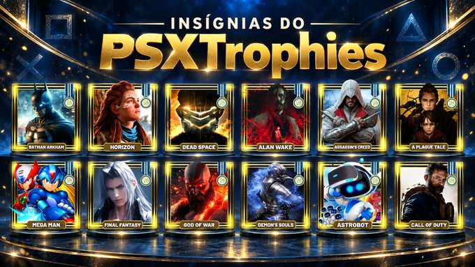 A graphic titled "INSÍGNIAS DO PSXTrophies" displaying twelve PlayStation trophy icons for various games including Batman Arkham, Horizon, Dead Space, Alan Wake, Assassin's Creed, A Plague Tale, Mega Man, Final Fantasy, God of War, Demon's Souls, Astro Bot, and Call of Duty.