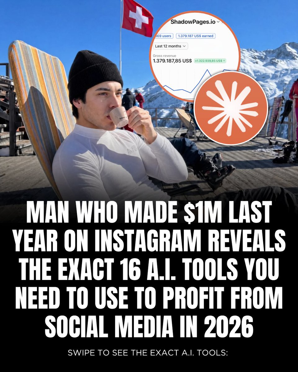 erichustls's tweet photo. $1,379,187.

That’s how much Instagram paid me over the last 12 months.

If you want to make money online...

Here are the 16 AI tools that did ALL the work for me: https://t.co/qJPMIF5DOH