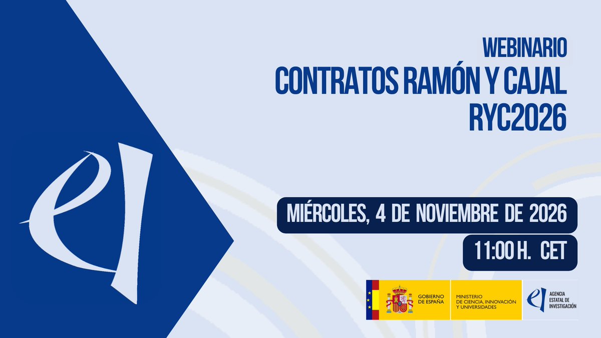 AgEInves's tweet photo. 📣 No te pierdas los próximos #webinariosAEI
➡️ Formación de Profesorado Universitario 2026 | 15 octubre | 12:00 h
➡️Proyectos de Generación de Conocimiento | 20 octubre | 12:00 h
➡️Contratos Ramón y Cajal 2026 | 4 noviembre | 11:00h
🔗https://t.co/22iSf29Cr3 https://t.co/xhrFt9D2ai