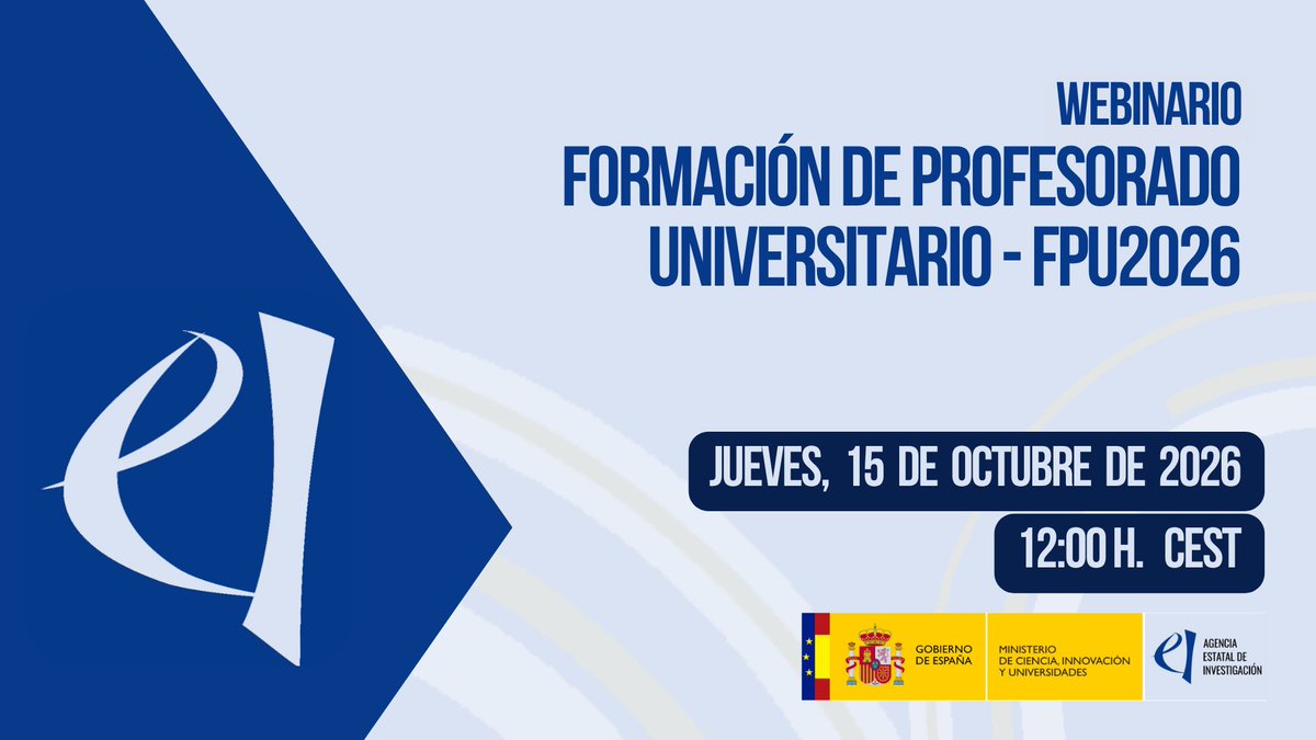 AgEInves's tweet photo. 📣 No te pierdas los próximos #webinariosAEI
➡️ Formación de Profesorado Universitario 2026 | 15 octubre | 12:00 h
➡️Proyectos de Generación de Conocimiento | 20 octubre | 12:00 h
➡️Contratos Ramón y Cajal 2026 | 4 noviembre | 11:00h
🔗https://t.co/22iSf29Cr3 https://t.co/xhrFt9D2ai