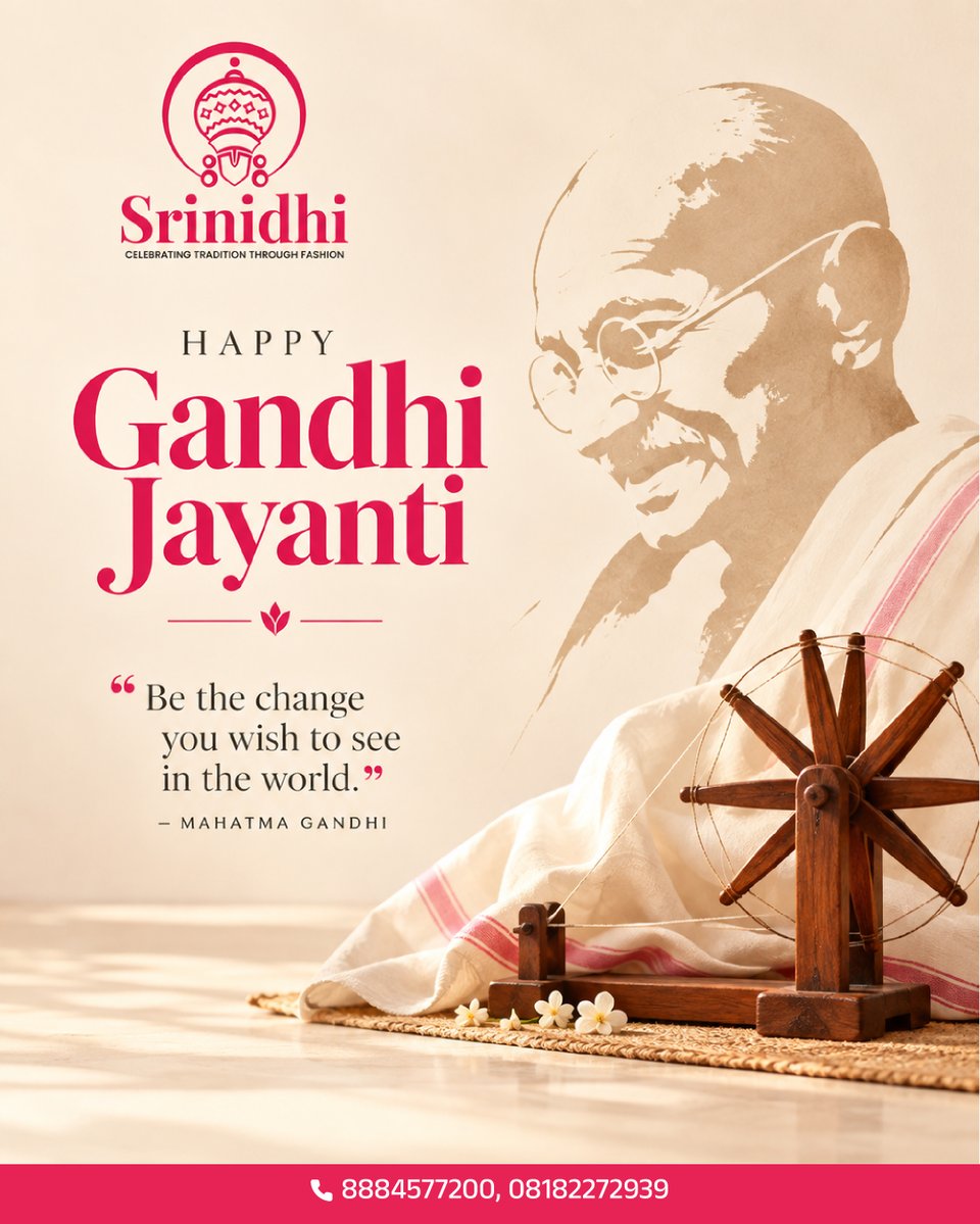 Srinidhitextile's tweet photo. On this Gandhi Jayanthi, let us remember the timeless values of truth, simplicity and peace that continue to inspire generations. 🇮🇳

May the teachings of Mahatma Gandhi remind us to choose kindness, live with purpose and contribute towards a better tomorrow

#GandhiJayanthi https://t.co/rSCNf3FpVC