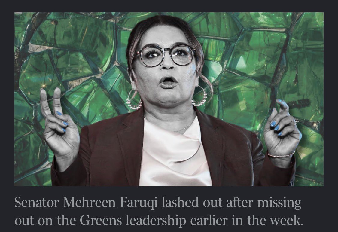 RositaDaz48's tweet photo. We get it, Mehreen. It's not easy being Green
Denied the Greens top job, Mehreen Faruqi reacted not with magnanimity but with a familiar blast of indignation, turning her loss into yet another performance of grievance.

✍🏽 THE MOCKER

#MehreenFaruqi, I feel your pain.
Like you, I was devastated when I learned yesterday you had missed out on your bid for the top job. Had you succeeded, it would have been a fantastic outcome for this column - sorry, I mean this country.
Here you were, the deputy leader of the Greens and the favourite to clinch the party leadership. I bet you had already drafted an acceptance speech peppered with the usual diatribes, no doubt claiming your elevation was a vindication of your stance against those (supposedly) genocidal Zionists.

Just think of what could have been. With characteristic self-indulgence, you would have observed your ascension was all the more remarkable, you being a Muslim woman of colour who all your life had been constantly thwarted and oppressed by whiteness, the patriarchy, structural racism, blah blah blah. And you would have ended your speech by claiming your victory was just the beginning of the struggle to overturn the settler colonial state.
But instead your colleagues opted for your fellow NSW senator #DavidShoebridge to lead them. In doing so, they sat you fair on your derrière. 
You could even say they put you in the bin.
Bugger. 😏

Credit to you though. You would have accepted your defeat with good grace by congratulating Shoebridge and adding that despite your disappointment you respect the process and will work with the new leadership team. Right? 
Not a chance. Instead you hurled your teddy of colour out of the cot. You denounced the process, saying “Without a member vote, we cannot call ourselves a grassroots party” and demanding the new leadership team “set a timeline for one member, one vote”. 
It takes a lot of effrontery and petulance to stand out in a party of entitled brats. But for a 63-year-old to throw the hissy you did yesterday was quite the exhibition. You are too obnoxious and too militant for the Greens’ liking. Says it all, doesn’t it? 
As to what the future holds for both you and the party, you have made that clear. 
“I did not stand again for deputy leader today because, on reflection, I believe I can best play my part in that action outside the constraints of the leadership team,” you said. 
Translation: “You are so going to pay for denying me the tiara that was rightfully mine. By the way, my term does not expire until June 2031. Ha!” 

Poor David Shoebridge. 
He might be leader in name, but Mehreen wears the cranky pants in this household. 
On that note, Senator, would it help assuage your peevishness if he were to establish an honorary position in the Greens befitting your standing? 
I am thinking something along the lines of primus inter prima donnas. 
Look on the bright side. The only time you are genuinely happy is when you are in full misery guts mode. Your missing out on the leadership provides you with yet another excuse to screech discrimination and embark on the regular performative outrage tour. As you wrote in your memoir Too Migrant, Too Muslim, Too Loud in 2021:
“Being born a person of colour outside Australia is a permanent mark that is used to render me, and people like me, irrelevant and voiceless in white-colonised countries,” you said. 
I could think of many words to describe you, Senator, but “voiceless” isn’t one of them. It is impossible to be voiceless when you have lungs the size of Lahore and a chronic case of poor-bloody-me. 
You migrated here from your native Pakistan in 1992. I use the word migrated with reluctance, because your sourpuss demeanour and bilious outbursts are such you would think we forced you to come here. So entrenched is your victimhood I reckon you first bemoaned your lot here even before the aircraft arrived at the gate.

https://t.co/GEcKXjqwLQ
