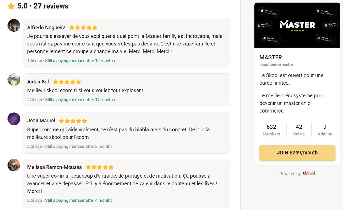 Lucas_IA_'s tweet photo. Le plus dur en ecom, c'est pas les ads.
C'est de bosser seul...

- Ta campagne crash. 
Il est 23h, t'es tendu, triste, énervé et t'as personne de fiable à qui montrer tes chiffres.

- Tu trouves un winner. Tu cries tout seul dans ta chambre, puis plus rien. 
T'as personne avec qui fêter ça.

- Ton BM se fait ban. Tes pubs sont coupées, ton CA tombe à zéro.

- Plusieurs personnes sur X te recommandent quelqu'un mais tu ne sais pas à qui confier ton business.

- Tu parles d'ecom à tes potes et ta famille.
Ils hochent la tête puis changent de sujet.

Toi, t'as envie de parler de ton obsession pendant des heures, mais personne en face n'a la même flamme.
Alors tu la vis seul.

C'est justement pour ça que dans la commu MASTER, on a créé 3 groupes par niveau pour échanger chaque jour avec des gens comme toi :

👉Advanced : + de 250 k€/mois (environ 90 personnes)
👉Plus : entre 30 k€ et 250 k€/mois (environ 200 personnes)
👉One : moins de 30 k€/mois (plus de 300 personnes)

MASTER, c'est la plus grosse commu ecom francophone.
Les portes sont ouvertes en ce moment pour encore quelques semaines, puis on les referme pour le reste du Q4.

→ 500 M€+ générés par les membres

→ 632 membres actuellement, dont 111 nouveaux depuis la réouverture il y a 10 jours

→ + de 400 M€ générés collectivement par l'équipe MASTER

On ne vend pas des vidéos YouTube remixées avec des strats de 2022.

On te donne des templates actionnables pour chaque étape pour passer de 0 à 1 M€/mois en ecom.

Dedans :
→ L'expérience de @ShopifyAddict et @mpellegrini7 (plusieurs M€/mois chacun en ce moment même)

→ Masterclass E-commerce par des experts sur chaque pilier : créa, Meta Ads, media-buying, produits, CRO, IA, supply, finance...etc+ des modules ajoutés chaque mois

→ Pour l'IA, c'est moi le coach. Je te donne absolument tous les prompts, scripts et process pour faire des créas IA ultra rentables à la chaîne au Q4.

→ Outils, Sheets, Prompts & Process prêts à l'emploi. Tu as juste à copier-coller nos process pour scaler au Q4.

→ Product Radar : un nouveau produit analysé en live chaque soir, du lundi au vendredi

→ Des lives, coachings et analyses de cas chaque semaine pour te tenir à jour de ce qui marche vraiment en ecom en ce moment.

→ Des contacts pour deban un BM en quelques heures

→...et pleins d'autres choses!

🎁 Si tu rejoins via mon lien, je t'envoie en DM une technique que presque personne n'utilise pour sortir des UGC IA ultra réalistes qui convertissent.

Ce n'est pas dans le Skool, c'est uniquement pour ceux qui passent par moi.

Et je donne ce bonus jusqu'au 2 octobre uniquement.
Tout ça, pour moins cher qu'un testing raté : 249 $/mois.

Si tu te reconnais, prends quelques minutes pour regarder la vidéo de présentation.

Tu y as accès juste après avoir rentré ton mail 👇