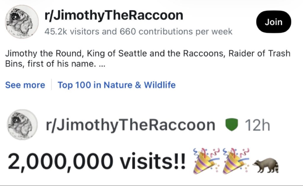 Jimothyyworld's tweet photo. The Jimothy subreddit has climbed into Reddit’s top 100 Nature &amp; Wildlife communities.

2,000,000 unique visits, with 45,000+ visits and 660 new contributions every week.  

Jimothy World Order 🌎 🦝 https://t.co/nwLvCBLe2I